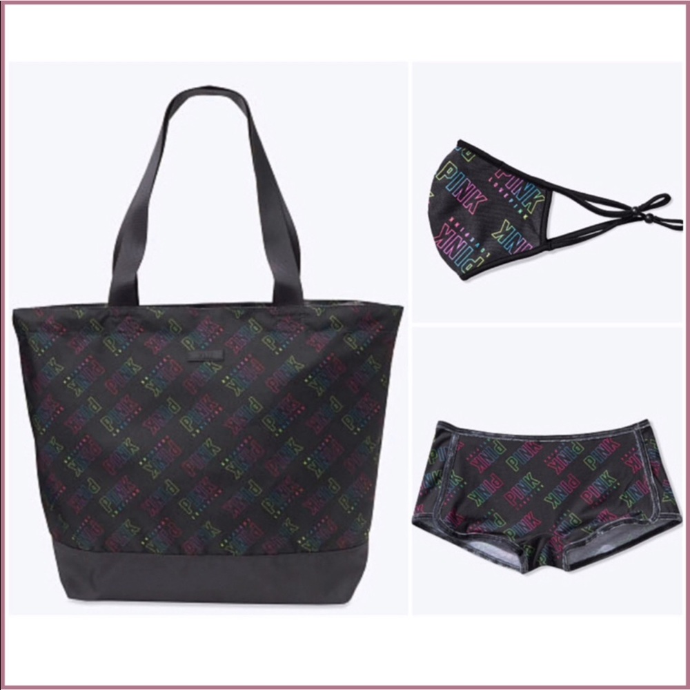 VS PINK RAINBOW TOTE BAG FACE MASK & PANTY BUNDLE